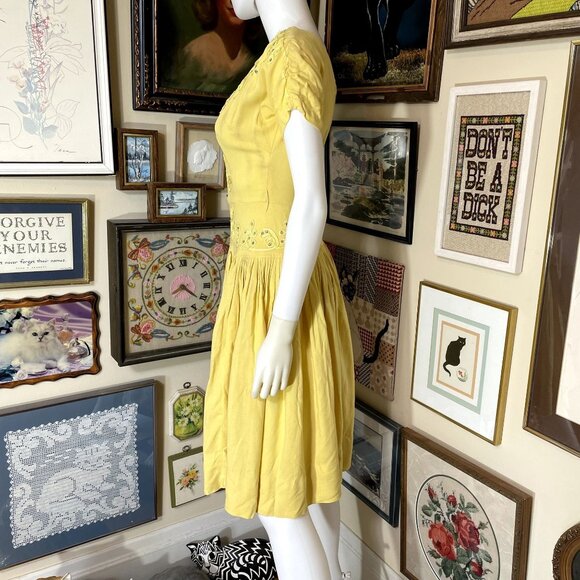 60s Vintage Yellow Fit and Flare Midi Dress with Soutache Braid and Rhinestones - Picture 2 of 6